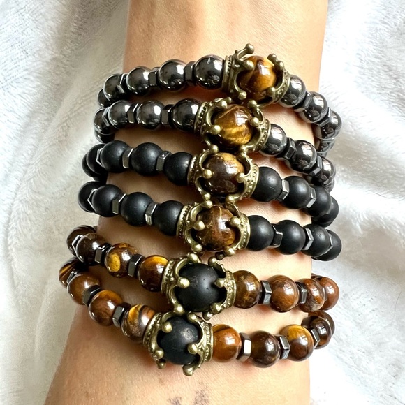 Jewelry - Tiger Eye + Black Onyx + Hematite Crown Mala Bead Bracelet